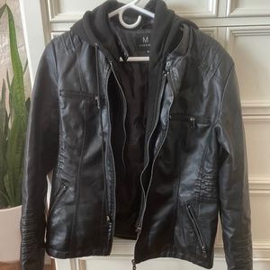 Black Faux Leather Biker Jacket with removable Sweatshirt Hood